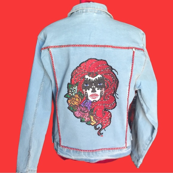 Sugar Skull & Flowers Crystal Denim Jacket - Picture 2 of 8